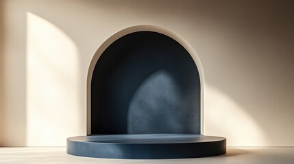 Poster - A striking dark blue podium in the center of a minimalist cream-colored room, ideal for product displays, awards, or professional settings with a sleek aesthetic