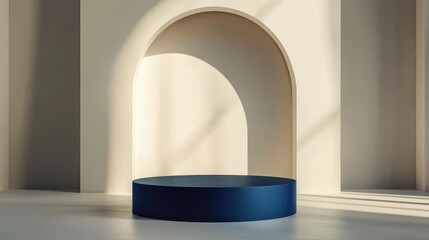 Poster - A striking dark blue podium in the center of a minimalist cream-colored room, ideal for product displays, awards, or professional settings with a sleek aesthetic