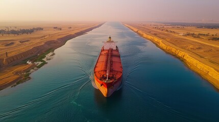 Aufkleber - A cargo ship glides steadily through the Suez Canal at sunset, with golden hues reflecting on the water and stretches of desert lining the canal banks.