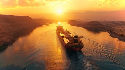 Aufkleber - A cargo ship moves along a river during sunset, with golden sunlight illuminating the landscape and casting reflections on the water, creating a serene atmosphere.
