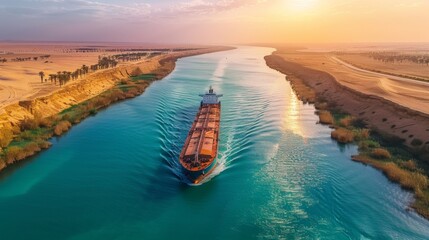 Aufkleber - A large cargo ship moves steadily along a narrow river, surrounded by arid desert landscapes and palm trees at sunset, showcasing the intersection of nature and commerce.