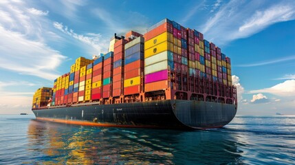 Aufkleber - A large container ship moves smoothly through tranquil waters, filled with colorful cargo containers, creating a striking contrast against the clear sky on a sunny day.