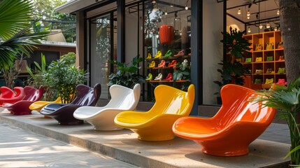 Fototapete - Brightly colored chairs in orange, yellow, white, and purple are displayed outside a stylish shop showcasing vibrant accessories, surrounded by greenery in a bustling city.