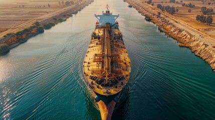 Aufkleber - A cargo ship travels smoothly along a tranquil river, flanked by lush greenery. Early morning sunlight casts a warm glow over the scene, enhancing the tranquil atmosphere.
