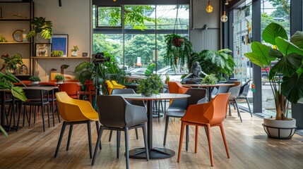 Leinwandbilder - A colorful cafe features several tables surrounded by lively potted plants, creating a warm and inviting atmosphere for guests to enjoy their meals.