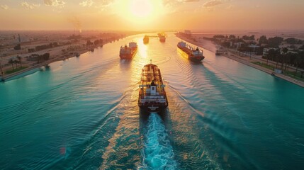 Aufkleber - Cargo vessels travel through the Suez Canal during sunset, reflecting orange and blue hues on the water while the sky transitions to evening shades.