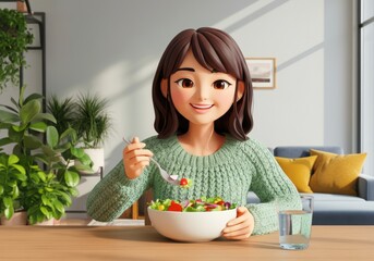 Cheerful woman enjoying a fresh salad in a bright, modern kitchen