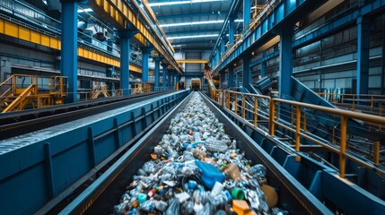 Aufkleber - A bustling recycling facility features a conveyor belt filled with assorted waste materials, including plastic and metal, illuminated by overhead industrial lights.