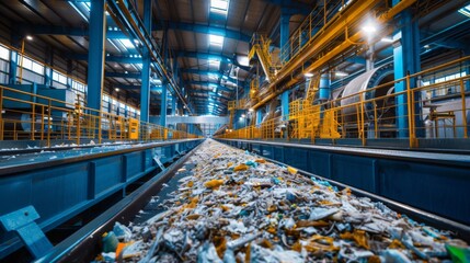 Aufkleber - A vast industrial facility shows a conveyor belt loaded with mixed recyclable materials. Bright overhead lights illuminate the space, enhancing the vibrant colors of sorted waste.