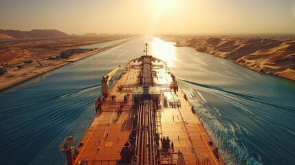 Aufkleber - A ship moves forward through a narrow waterway at sunrise, casting reflections on the serene surface. Desert dunes are visible on either side under a clear sky.