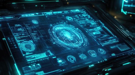 Poster - Glowing blue and neon green HUD interface elements with futuristic symbols and dynamic data visualizations, representing advanced technology and digital systems