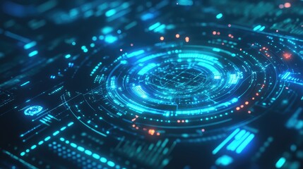 Poster - Glowing blue and neon green HUD interface elements with futuristic symbols and dynamic data visualizations, representing advanced technology and digital systems