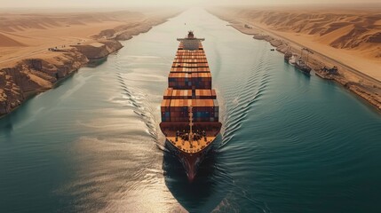 Aufkleber - A large cargo ship sails through the Suez Canal, transporting containers while flanked by vast desert terrains and clear blue skies under bright sunlight.