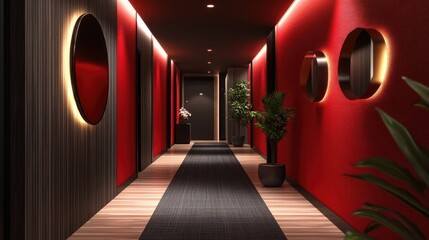 Poster - Modern red corridor with clean lines and dramatic lighting, creating a bold and sophisticated atmosphere