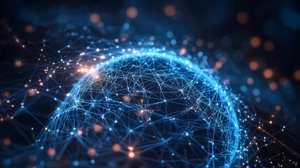 Orange glowing particle network on blue background