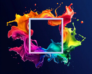 Fototapete - Colorful splashes of paint surrounding a blank frame, showcasing vibrant hues of red, yellow, green, blue, and purple, representing creativity and artistic expression.
