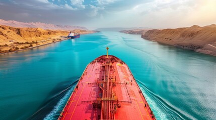Aufkleber - A massive cargo vessel steers through a stunning canal with sparkling turquoise waters and golden hills, reflecting the warm hues of the sunset, showcasing maritime trade.