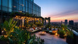 © khan - A luxurious rooftop oasis filled with exotic plants, twinkling fairy lights, and a cozy seating area overlooking a sprawling urban skyline
