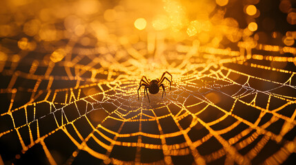 A spider weaving its web in the center of an orange and yellow background
