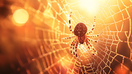 A spider weaving its web in the center of an orange and yellow background
