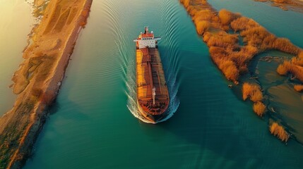 Aufkleber - A large cargo ship moves smoothly through a river flanked by vibrant, golden autumn trees. The calm waters reflect the warm hues of sunset, creating a serene atmosphere.