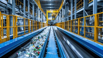 Poster - A large recycling facility showcases an assembly line where plastic bottles and containers are sorted, emphasizing the importance of waste management for sustainability.