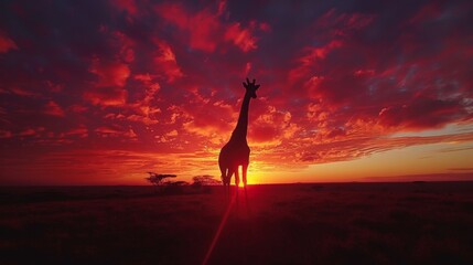 Poster - A giraffe stands tall, silhouetted by a stunning sunset filled with oranges and reds, in a serene savanna landscape with distant trees under a dramatic sky.