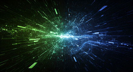 Wall Mural - explosive energy burst in space with blue and green light trails. dynamic cosmic particles effect. a