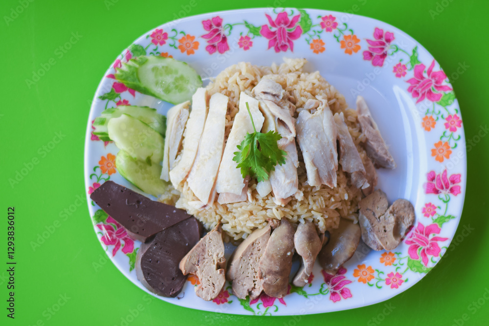 there are slices of chicken breast arranged neatly on a bed of rice ...
