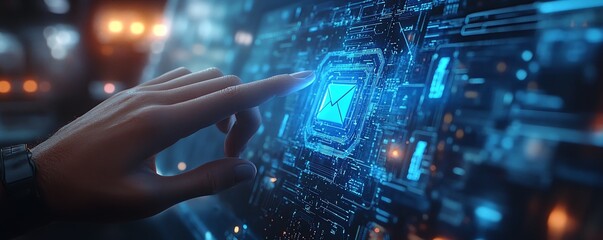 Modern digital scene of a hand tapping a glowing blue email button on a sophisticated touchscreen interface