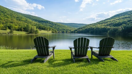 Wall Mural - Two green wooden chairs sit on lush grass beside a tranquil lake with mountains and trees in bright sunlight