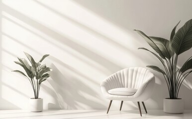 Wall Mural - A minimalist interior featuring a white chair and potted plants, illuminated by soft sunlight streaming through diagonal shadows.