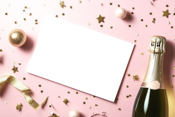 Wall Mural - A champagne bottle with golden decorations, glittering stars, and a blank white card on a pink background. Perfect for celebrations and festive invitations