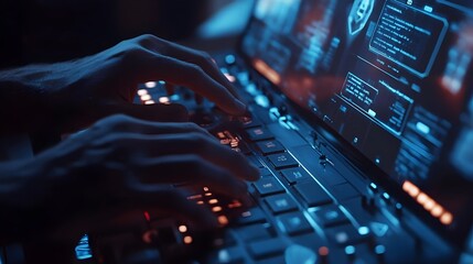 A woman typing on a keyboard with a digital screen overlay displaying code and software updates, symbolizing research, data analysis, system technology, coding, software updates,  information systems