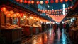 © Viktor - Night scene of Asian street market illuminated by traditional red lanterns. Food vendors sell local cuisine along street, people walk in night. Travel destination, tourist attraction, urban landscape.
