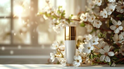 Poster - A skincare product stands elegantly amidst beautiful white flowers, bathed in soft natural light, suggesting a fresh and rejuvenating atmosphere in spring.