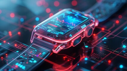 Poster - A futuristic smartwatch showcases vibrant health metrics and heart rate data on a glowing digital interface in a dimly lit environment, highlighting advanced technology.