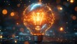 © Thanyana - Bright yellow light bulb radiating energy, encircled by holographic innovative solution symbols, futuristic technology concept, glowing aura, ultrarealistic, 4K resolution