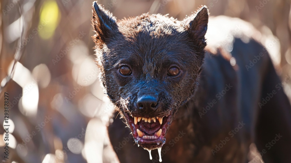 Aggressive rabid dog snarling with frothy saliva, intense eyes, and ...