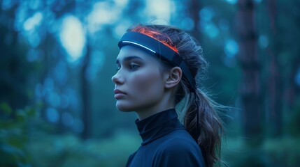 Aufkleber - A young woman stands still in a serene forest at twilight. She wears a fitted black outfit and a glowing headband, showcasing a moment of tranquility and connection with nature.