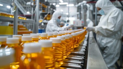 Poster - Personnel dressed in white protective attire work diligently at a manufacturing facility, overseeing the filling and packaging of orange liquid into containers along a conveyor system.