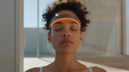 Poster - A woman is seated in a peaceful indoor environment, eyes closed in meditation, with a futuristic headband on her forehead, absorbing the tranquility of the moment in natural light.