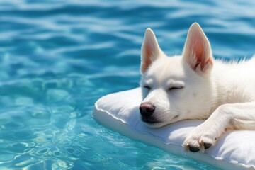 Wall Mural - A white dog relaxes on a floating pillow in a blue pool, eyes closed, enjoying a summer day in the water.