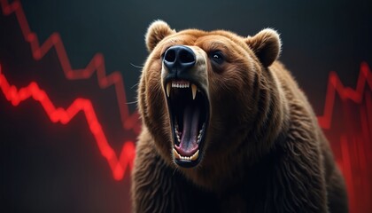fierce roaring bear closeup with graph background. market crash financial crisis. brown bear shows f