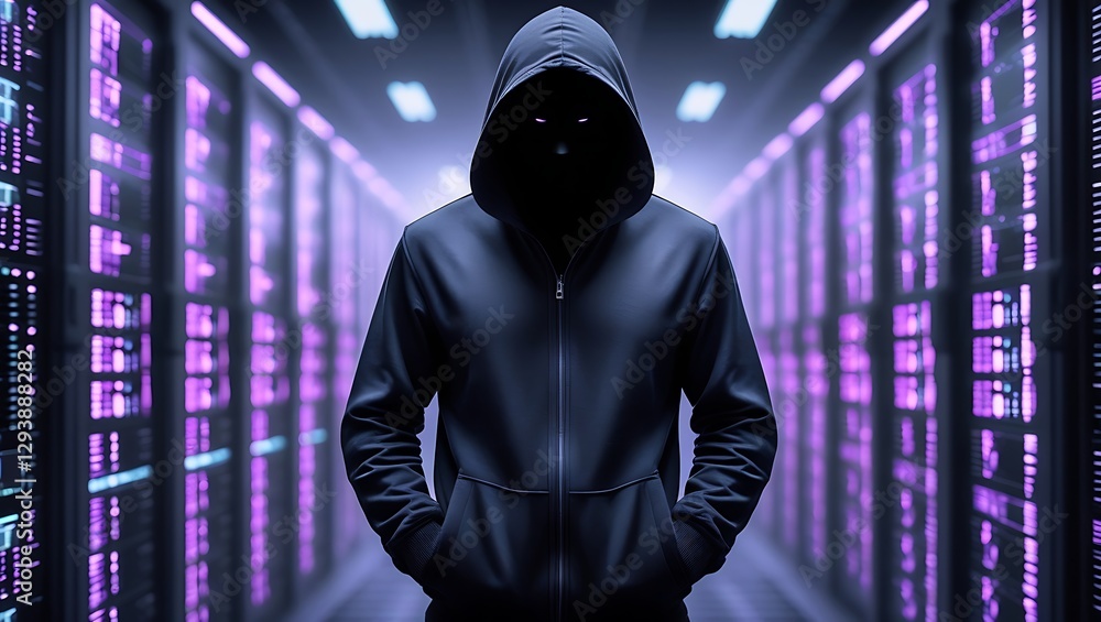 Mysterious Hooded Hacker in a High-Tech Server Room with purple neon ...
