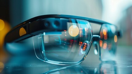 Aufkleber - Glimmering smart glasses placed on a reflective table, capturing the colorful city lights and showcasing modern design with high tech features as day transitions to night.