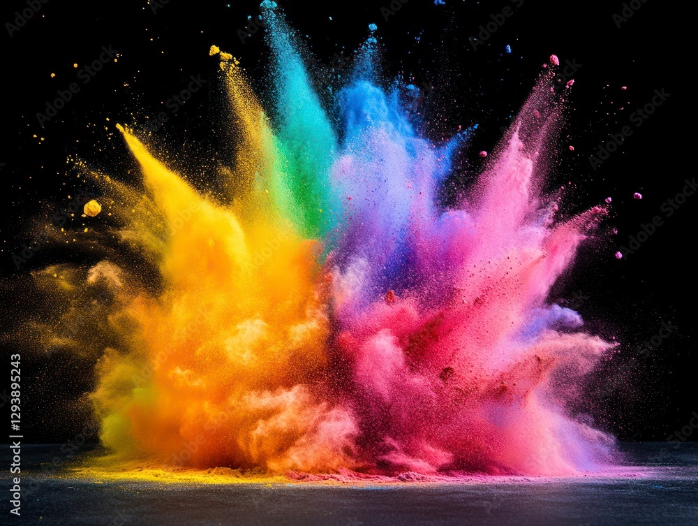 colorful cloud of powder is being thrown from top to bottom on an empty ...