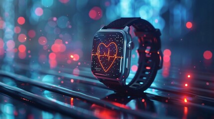 Fototapete - Sleek smartwatch showcases a vibrant heart rate monitor against a backdrop of mesmerizing bokeh lights in a contemporary environment, highlighting its advanced health features.