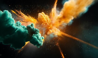 Wall Mural - cosmic black space with realistic fireworks display bursting in vivid colors of orange yellow green