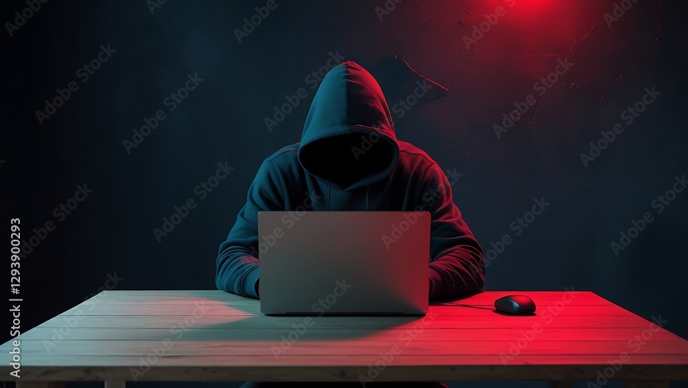 Red Led Hacker Computer Mysterious hacker is dressed in a dark hooded sweatshirt, typing on ...